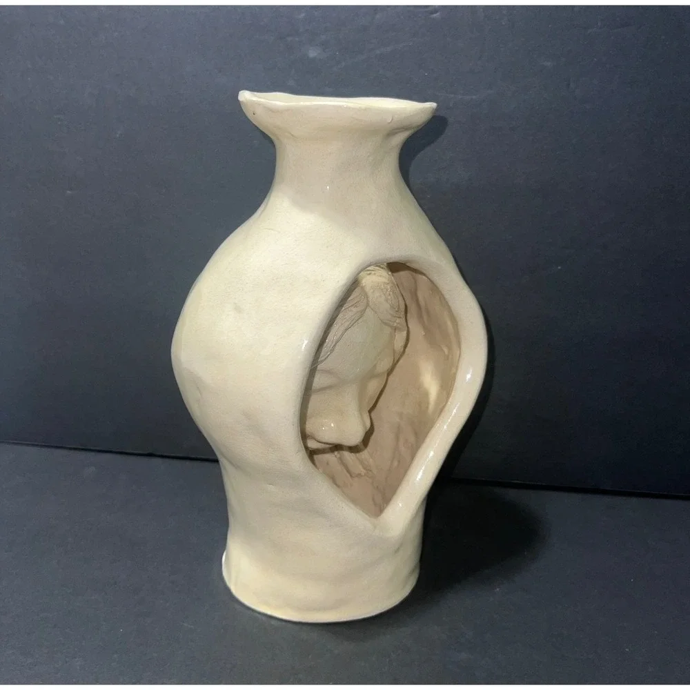 Artisan Ceramic Sculptural Face Vase Cream Glossy Hand Molded Surrealist Vessel